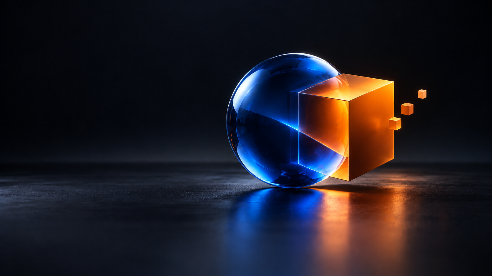 A cobalt glass sphere transitioning into a warm orange cube as pixels emerge