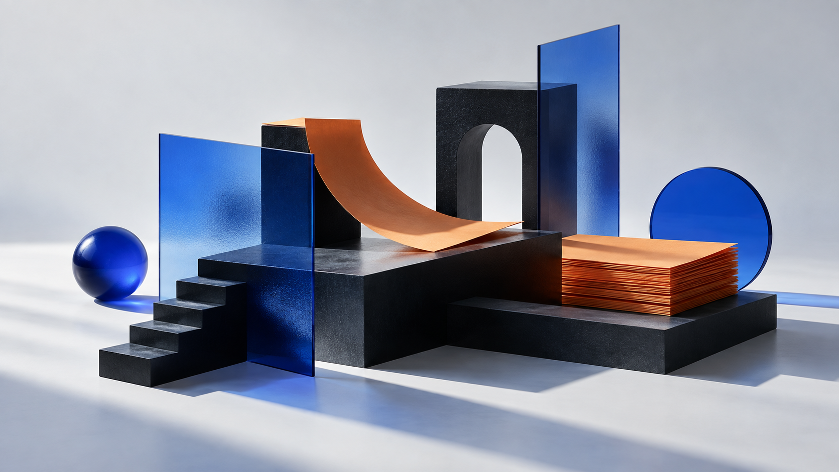 Abstract studio arrangement of glass panels, paper, and architectural forms
